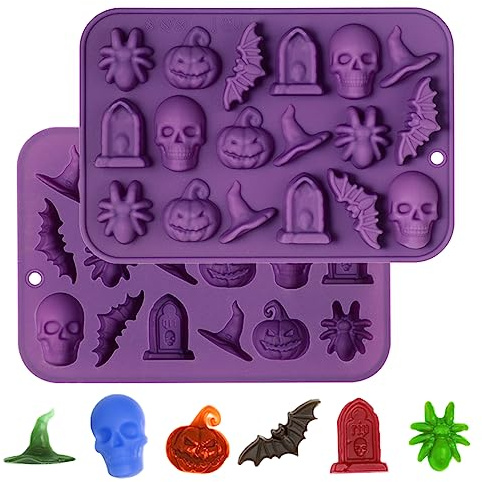 Webake Halloween Bakcform Silikon Schokoladenform 2 Stück Pralinenform | Silikonform Totenkopf Kürbis Geist Fledermaus Hexe Hut Grabstein Form für DIY Halloween Schokolade, Süßigkeiten, Gelee