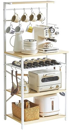 YMYNY Küchenregal mit 5 Ablagen, Bäckerregal, Standregal, Mikrowellenregal mit verstellbaren Weinhaltern und S-Haken, Mehrzweck-Organizer, für Mikrowelle, Kochutensilien, Naturfarben-Weiß HBR001R