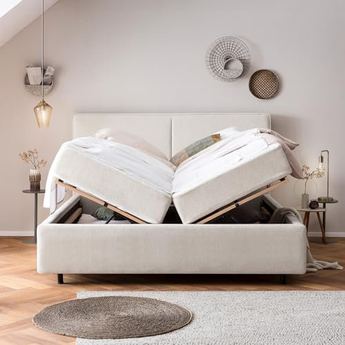 Bett mit Bettkasten 140x200 Bari Teddystoff, mit Matratze, Lattenrost, XXL Stauraum, Designer Polsterbett, Doppelbett, Aufbau KOSTENLOS (Altweiß, 140x200 cm mit Matratze)