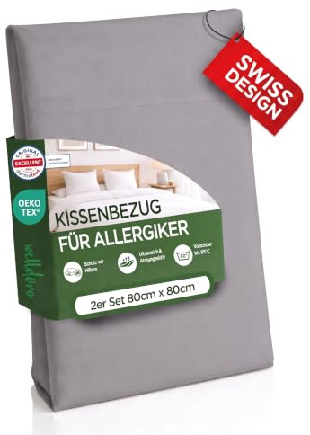 Welldora Milbenbezug Kissen 80x80, Grau, Premium Encasing, 2er Set | Allergiker-Bezug gegen Milben & Bettwanzen | Dermatologisch getestet | Oeko-Tex Bettwäsche | Waschbar 95°C | Schweizer Marke