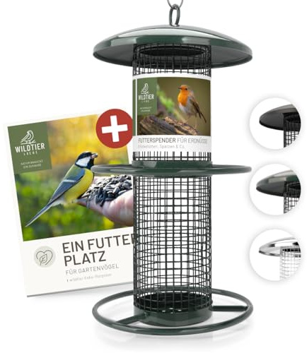 wildtier liebe Distributeur de nourriture pour oiseaux, 26 cm, vert - Distributeur de nourriture pour cacahuètes en métal inoxydable - Mangeoire pour oiseaux, noix, cacahuètes, silo d'alimentation