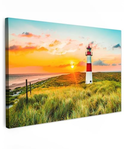 MuchoWow© Wandbilder Groß XXL Schlafzimmer Home Deko Wohnung Bild | 120x80 cm - Wohnzimmer Fotoleinwand Wand Bilder auf Leinwand Wall Decor Gemälde Wandbild Leuchtturm - Sonne - Gras - Strand