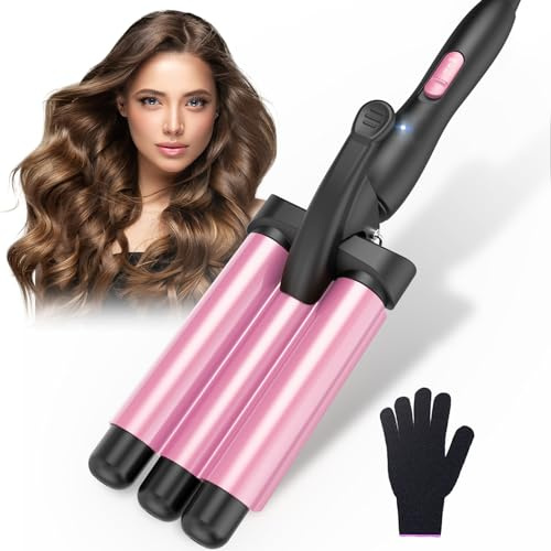 BESTOPE RAY Beach Waves Locktång 3 fat, snabbuppvärmd, justerbar för långt och kort hår, rosa