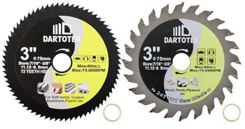 DARTOTEK 75mm Circular Saw Blade: 1pcs 72T High Speed Steel Cutting Discs and 1pcs TCT 24T Mini angle grinder cutting disc for Wood, Copper, Plastic and Soft Metal, Arbor 11.12mm with 9.5mm washer