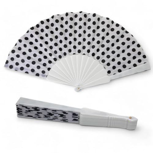 MIJOMA Faltbarer Handfächer - Ultraleicht, Wasserabweisend für Sommerparty & Hochzeit, Farbenfrohes Design, 42x23cm (Polka Dot Weiß)