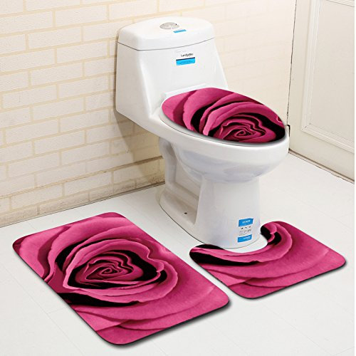 Bad Teppiche Set 3-Teiliges Rosa Herzblume WC Vorleger Mit Ausschnitt Badematte Saugfähig WC Deckelbezug Badvorleger rutschfest Waschbar Toilettensitzbezug Badgarnitur (50x80cm)