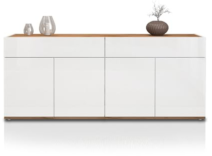 WHOUS Credenza e Buffet GARDA per Soggiorno con 2 Cassetti e 4 Ante, Madia per Salotto, Cucina e Sala da Pranzo in Legno, 160,1x35x70 cm, Bianco Lucido e Rovere
