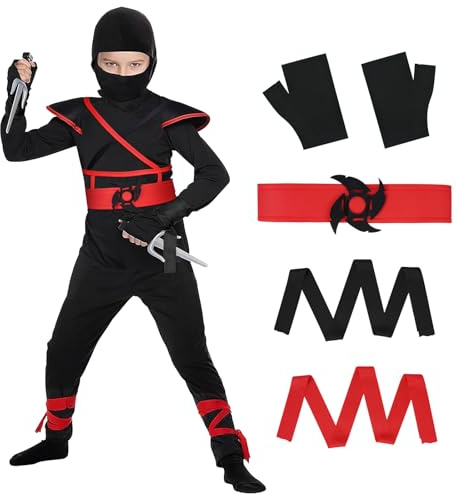AOOWU Ninja-dräkt för barn, ninja cosplay-set med handskar, pojkar flickor, krigarkostym, karnevalkostym barn, halloweenutklädnad för fest, cosplay (XL)