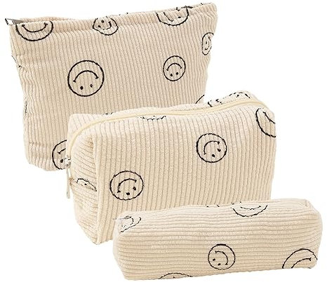 Kosmetiktasche mit Smiley-Gesicht,Kosmetiktasche aus beigem Cord,Kosmetiktasche Set für Reisen Kinder Mädchen Damen(3 Stück)