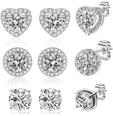 3 Pairs Silver Earrings for Women, Heart and Round Silver Earings, Stud Earrings for Women and Girls - Hypoallergenic - Sterling Silver Butterfly Clasps for Any Occasion