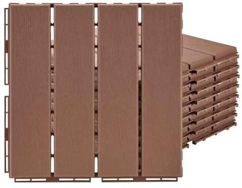 44 Pack Interlocking Deck Tiles, 12x12x0.8 Plastic Patio Flooring Outdoor Waterproof, All Weather Use for Balcony Porch Backyard Poolside（Brown,Stripe）