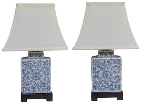 Blue and White Porcelain Table Lamps with Floral Design, Set of 2, White Fabric Shades, Wooden Base
