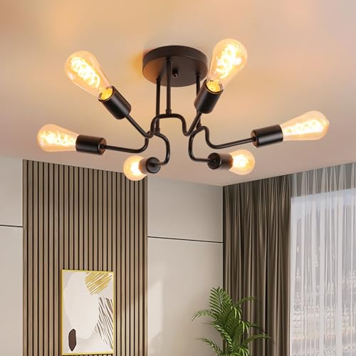 YindaLux Deckenlampe Schwarz 6 Flammig - Lampe Wohnzimmer E27, Max 40W, Vintage Deckenleuchte Retro Wohnzimmerlampe für Schlafzimmer Esszimmer Flurlampe Hängelampe, ohne Leuchtmittel