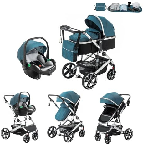 Kakbgee 3 in 1 Passeggino Combinato, Passeggino per Bambini con ECE R129 Seggiolino Auto, Telaio in Alluminio ad alto Campo visivo Baby Stroller (22KG, 0-4 Anni)