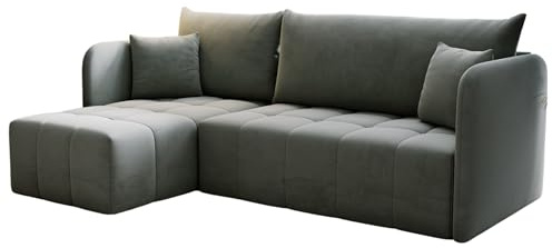 KP-Meble - Ecksofa mit Schlaffunktion Santo, Schlafsofa mit Bettkasten Couch, Wohnlandschaft, Bequemer Sitz - Velourstoff mit dekorativer Steppung - Links - Monolith 84 (Grau)