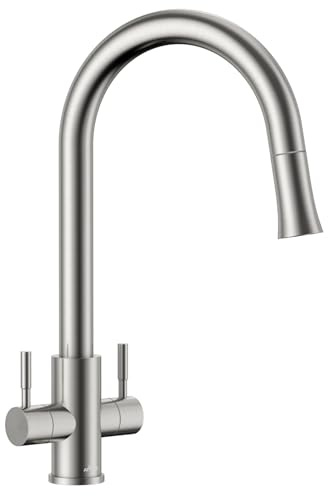 APPASO Kitchen Tap Dual Lever, WRAS Certified Hoses, 2 Handles Monobloc Sink Mixer Taps 1 Hole with Pull Out Sprayer 1 Mode S304 Stainless Steel Sprayhead, High Arch Mono Kitchen Faucet Twin Lever