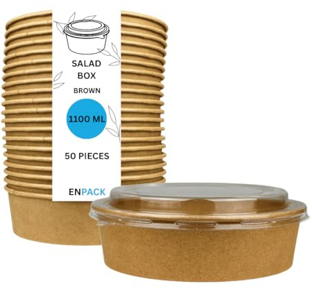 Enpack 1100ml Bowl für Lebensmittel aus Kraft Papier mit RPET Deckel 50 Stk - Einweg Meal Prep Boxen mit PLA Innenbeschichtung - Salatschüssel braun mit Deckel (50)