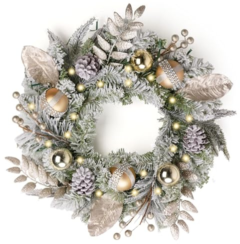 Valery Madelyn 16inch/40cm Light Up Christmas Wreath for Front Door, Pre Lit Christmas Wreath Champagne Gold, Xmas Reef with Lights and Timer Function for Outdoor Decoration