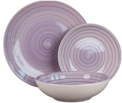 Ma Maison Servizio Piatti da Tavola Set 18 Pezzi per 6 Persone in Ceramica - 6 Piani, 6 da Dessert Frutta, 6 Fondi - Stoviglie Colorate Lilla