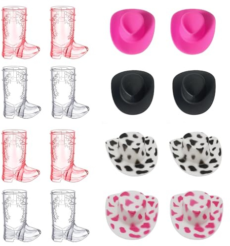 16 Pcs Cowboy Shot Glasses, Cowboy Boot Shot Glasses with 8 Mini Hats, Funny Shot Glasses for Western Themed Parties, Cowgirl Birthday and Bachelorette Party Decorations