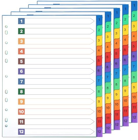 5 Sets A4 Dividers for Ring Binders, 12-Tab, 11-Hole, Multicolour | PP plastic, reusable, waterproof, colour-coded tabs, fits 2/3/4-ring binders, ideal for school and office