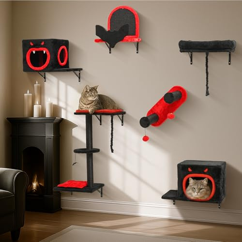 BYBYME Gothic Katzen Wandelemente, 6-teiliges multifunktionales und stabiles Katzenwandmöbel-Set mit Katzenbett Katzenhaus, Kratzbrett und Sisal-bezogenen Pfosten zum Spielen für Katzen (Schwarz Rot)
