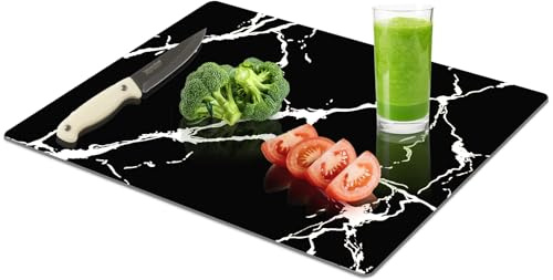 Yuzeyurun Tempered Glass Chopping Board, 40x30cm Tempered Glass Worktop Saver for Kitchens, Glass Cutting Board with Anti-Slip Feet, Heat & Shatter Resistant, Dishwasher Safe, Black-White Marble