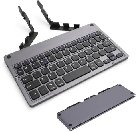 CHEOTIME Foldable Bluetooth Keyboard, Portable Rechargeable Wireless Keyboard with Phone Stand Quiet Folding Keyboard for Tablets, Lightweight Travel (Grey Black)