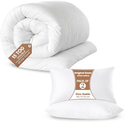Super King Duvet 13.5 Tog with 2 Pillows | Breathable Duvets for Summer Hot Nights Comfort | Anti-allergy Duvet with Hollowfibre Fill | Hypoallergenic UK-Made Quilt (15 Tog + 2 Pillows, Double)