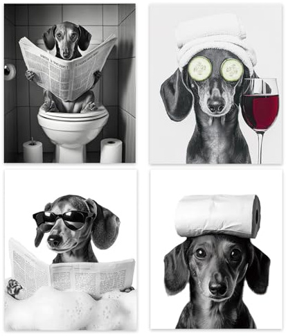 4 Stück Dackel Wanddeko, Badezimmer Deko Bild, Lustiges Tier Poster, Wandbilder Wohnzimmer Schlafzimmer, Leinwand bilder Wall Decor für Gäste WC, Toilette, Büro, Kinderzimmer (Ohne Rahmen,30×20cm)