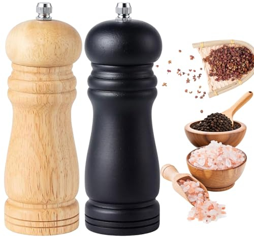 Molino de Pimienta Madera,Pimentero De Madera,Dos De 6 Pulgadas Para Especias Frescas, Sal,Colores Naturales Y Negro