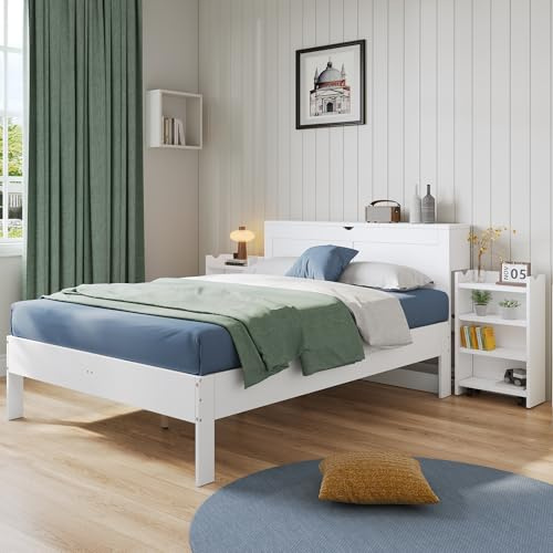 Merax Holzbett 140×200 cm, Doppelbett mit Lattenrost und Kopfteil, Jugendbett mit 2 ausziehbaren Nachttischen, Stauraumbett mit versteckter Aufbewahrung am Kopfende, Weiß,Ohne Matratze