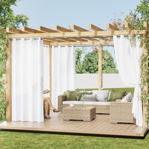 PONY DANCE Lot de 2 Rideau Voilage Exterieur Semi-Transparent Imperméable | Panneaux avec OEillets, Protection Vie Privée pour Terrasse Balcon Jardin Terrasse Pergola, L132 x H243cm, Blanc Pur