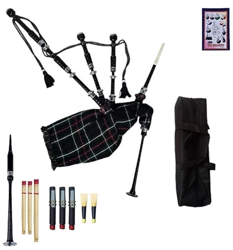 Tartancity Mackenzie Tartan Great Highland - Gaita con soportes plateados, colección de drones, cañas de práctica, libro tutor, pipa de aire, bolsa de transporte, auténtico instrumento musical escocés