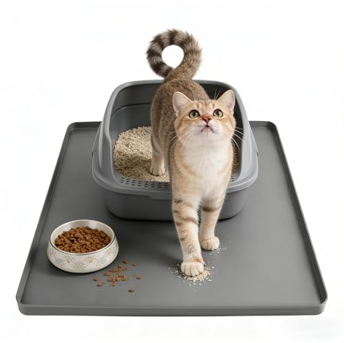 Katzenklo Matte Silikon 61x50cm Wasserdichter Katzenstreu Matte Leckdichte Mit ErhöHtem Rand Katzenmatte Katzenklo FüR Boden Teppich, Grau