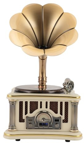 Sxhlseller Haut-Parleur Bluetooth Gramophone Vintage 2000 MAh, Lecteur CD Rétro, Radio avec Prise en Charge de Carte Mémoire USB, Télécommande Incluse, pour l'audio Domestique (White)