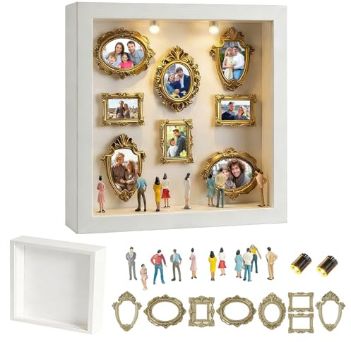 DIY Mini Museum Silhouette Box, Bilderrahmen Zum Befüllen Mit 8 Mini Goldene Rahmen & 8 Miniatur Figuren, Kreatives Bilderrahmen Set Verschiedene Größen Mit LED Licht Für Heimdekoration (B)
