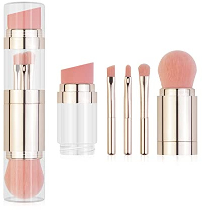 SIXRUN Brocha de Maquillaje 5 en 1, Herramienta Cosmética Portátil de Fibra Sintética, Ideal para Base, Sombra de Ojos, Cejas, Labios, Perfecta para Viajes y Uso Diario (Chapado en oro)