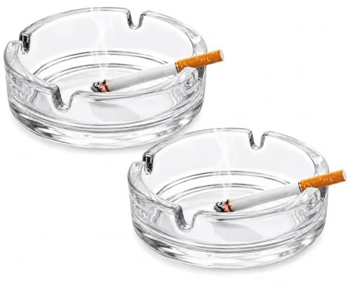 Round Glass Ashtray Heavy Duty Glass Cigarette Ashtray Heat Resistant Durable 10.5cm Clear Crystal Ash Tray Easy Clean Smokers Ashtray Indoor Outdoor Ideal For Home Office Patio & Bar(Pack Of 2)