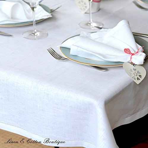 Linen & Cotton Elegante Festliche Tischdecke Stoff Tischtuch Tischwäsche Florence mit Hohlsaum -100% Leinen, Weiß/Weiss (143 x 200 cm) für Hochzeit Dekoration Hotel Restaurant Cafe Gastronomie