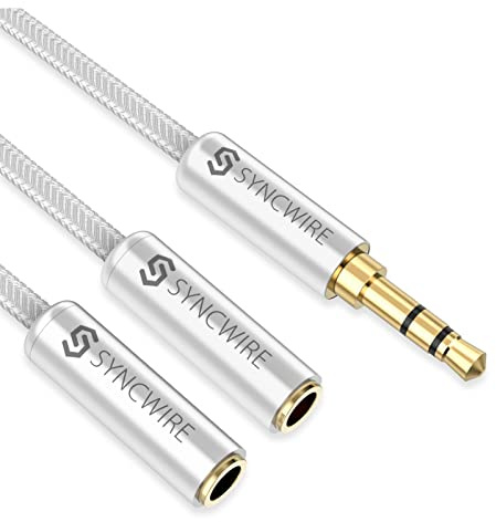 Syncwire Audio Y splitterkabel - 23 cm ljuddelare - 3,5 mm hane till 2X hona nylon hörlurar dubbla pluggar för Apple, Samsung, smartphones, hörlurar, högtalare och mer - Silver