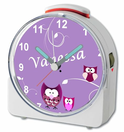 CreaDesign, WU-71-1007-05, Eule Lila, analog Kinderwecker weiß, Funkwecker mit Sweep-Uhrwerk und fluoreszierenden Zeiger und Licht, personlisiert mit Namen, 10,2 x 4,6 x 11 cm