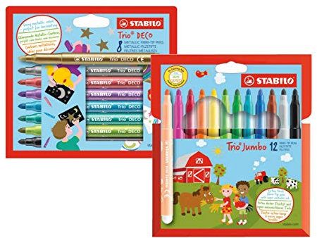 Metallic-Filzstift mit robuster XL-Spitze - STABILO Trio DECO - 8er Pack & Dicker Filzstift - STABILO Trio Jumbo - 12er Pack