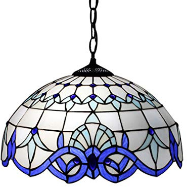 Mediterranean Tiffany Style Stained Glass Hanging Pendant Lamp Blue White Baroque Style Chandelier Lighting for Dining Room Kitchen Island Ceiling Hanging Light,E27,16inch