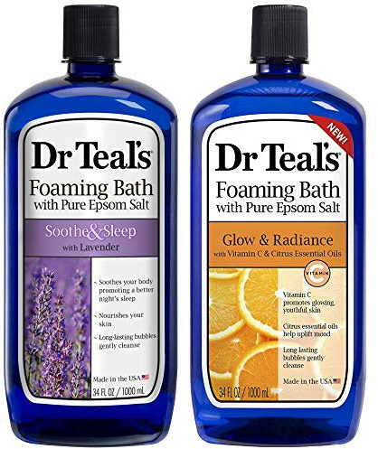 Dr. Teal's Foaming Bath Variety Gift Set (2 Pack, 34oz Ea.) - Soothe & Sleep Lavender, Glow & Radiance Vitamin C and Citrus - Essential Oils Blended with Pure Epsom Salt Relieve Pain & Daily Stress