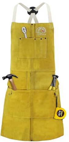 Strongarm Heavy Duty Leather Welding Apron with 7 Pockets, Split Cowhide, Heat & Spark Resistant, Cross-Back Straps, Kevlar Stitched, 24x36 Yellow Work Bib Apron