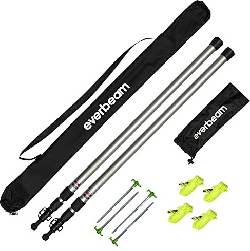 Everbeam Telescopic Tarp Pole for Camping, Hiking, Fishing - Adjustable Aluminium Rods Extend To 92 - Portable & Lightweight, Ideal for Awning, Tent Fly - Includes Guy Lines, Carry Bag - 2 Packs