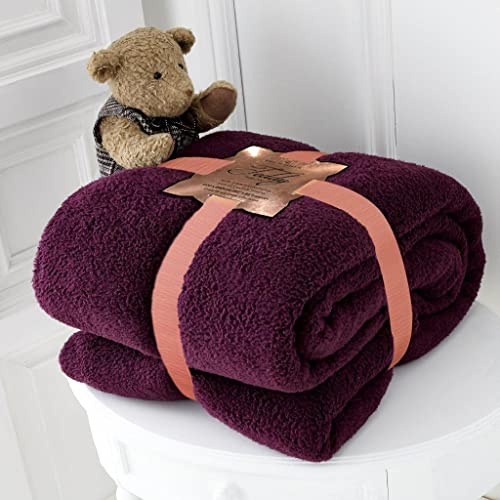 Luxury TEDDY BEAR THERMAL FLEECE FLUFFY BLANKET Super Soft Warm & Cosy - Ideal As Sofa Bed Throw Blanket Bedspread Runner or Settee Cover For Every Part Of Your Home (Large, Aubergine)