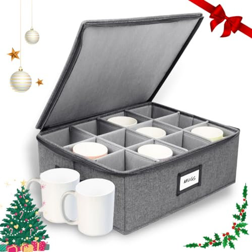 HOMELUX THEORY Mug Storage Box with Dividers Hard Shell China Storage Containers, Heavy Duty Coffee Cup Storage Box and Moving Boxes for Glassware Storage with Lid, Thick Surface, and Sturdy Handle