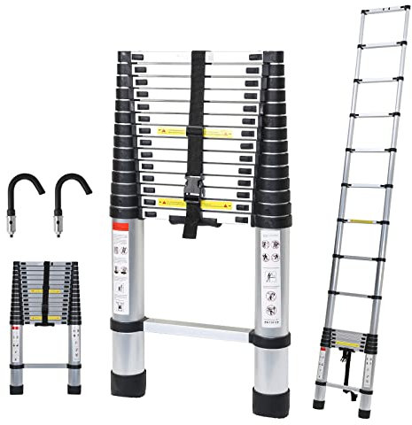 Randaco Teleskopstege med avtagbar krok, 4,4 m utdragbar stege, halkfri aluminiumledare stående stege multifunktionsstege utdragbar aluminiumledare, 150 kg maximal belastning med 2 krokar ‎Silver